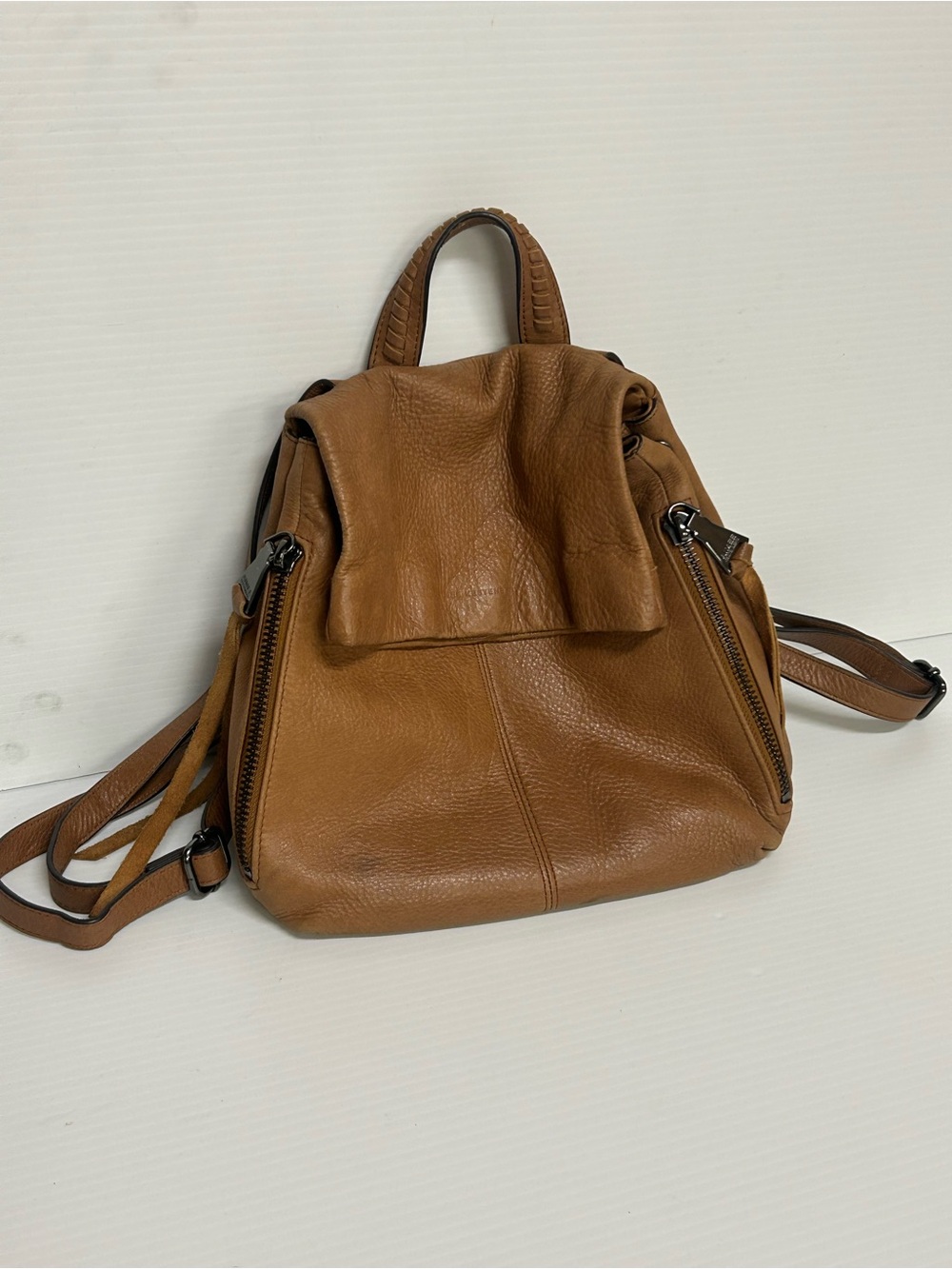 Aimee Kestenberg Tan Soft Leather Bali Backpack Foldover Bag Purse Minimalist